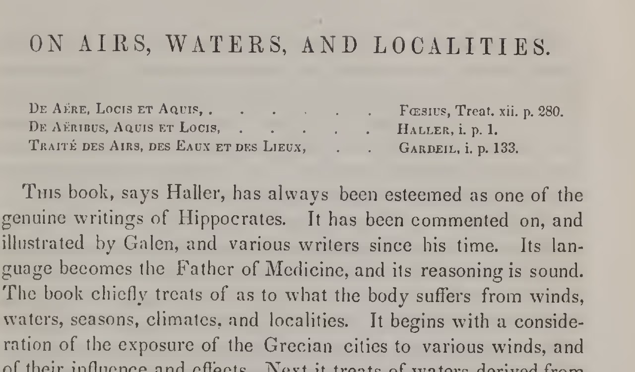 Klimaat, water en woonplaats als medisch dossier: het 2400 jaar oude idee van “Airs, Waters, and Localities”